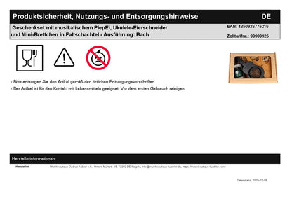 Geschenkset mit musikalischem PiepEi, Ukulele-Eierschneider und Mini-Brettchen in Faltschachtel