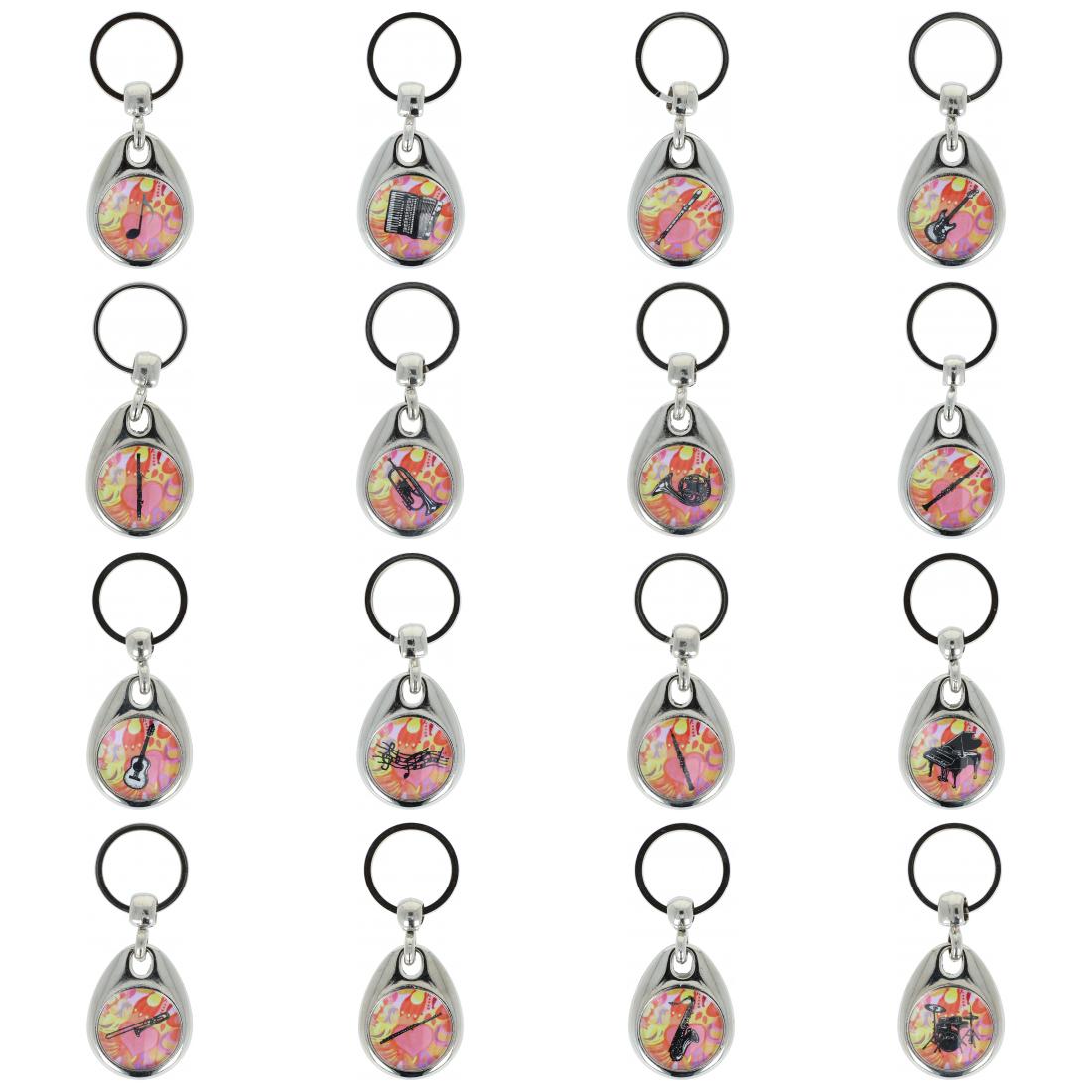 colorful keychains with musical motifs and shopping chip