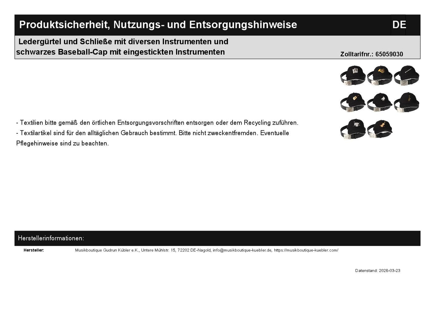 Ledergürtel und Schließe mit diversen Instrumenten und schwarzes Baseball-Cap mit eingestickten Instrumenten