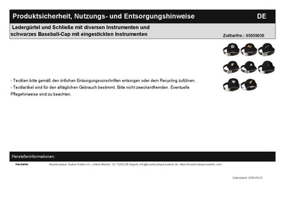 Ledergürtel und Schließe mit diversen Instrumenten und schwarzes Baseball-Cap mit eingestickten Instrumenten
