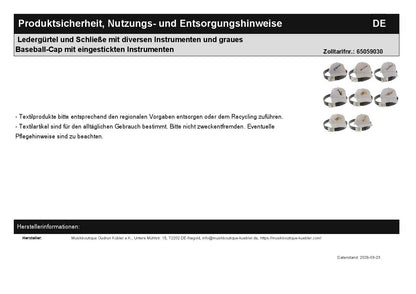 Ledergürtel und Schließe mit diversen Instrumenten und graues Baseball-Cap mit eingestickten Instrumenten