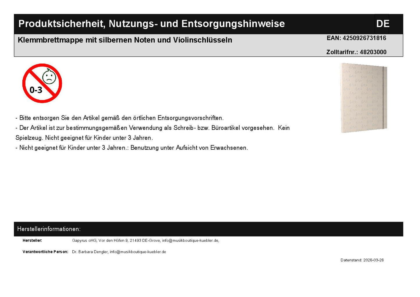 Clipboard folder with silver notes and treble clefs