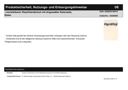 cremefarbener Waschhandschuh mit eingewebter Notenzeile, Noten