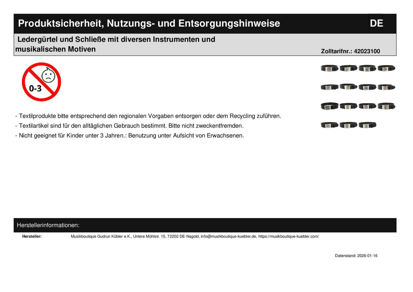 Leather belt and buckle with various instruments and musical motifs