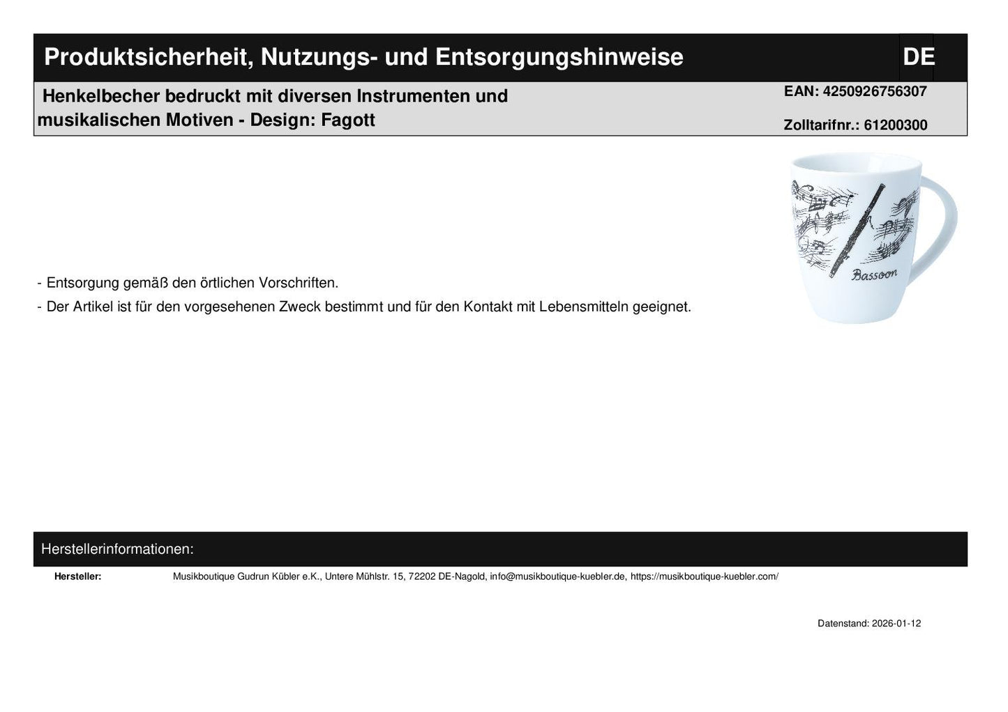 Henkelbecher bedruckt mit diversen Instrumenten und musikalischen Motiven