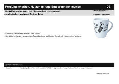Henkelbecher bedruckt mit diversen Instrumenten und musikalischen Motiven