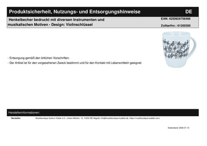 Henkelbecher bedruckt mit diversen Instrumenten und musikalischen Motiven