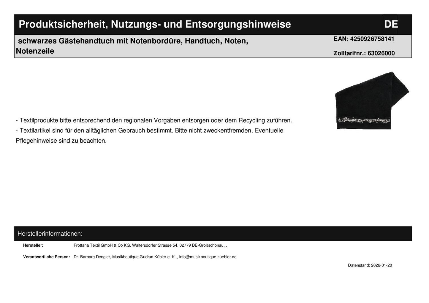 schwarzes Gästehandtuch mit Notenbordüre, Handtuch, Noten, Notenzeile