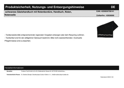 schwarzes Gästehandtuch mit Notenbordüre, Handtuch, Noten, Notenzeile