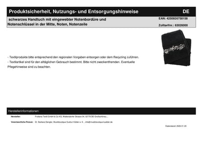 schwarzes Handtuch mit eingewebter Notenbordüre und Notenschlüssel in der Mitte, Noten, Notenzeile