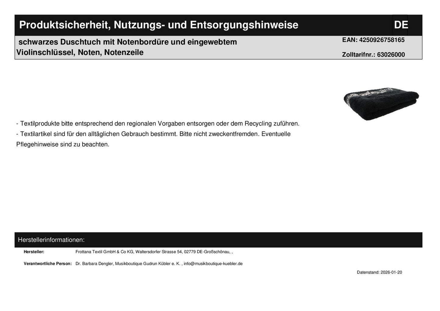 schwarzes Duschtuch mit Notenbordüre und eingewebtem Violinschlüssel, Noten, Notenzeile