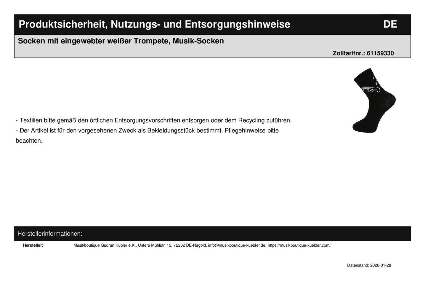 Socken mit eingewebter weißer Trompete, Musik-Socken