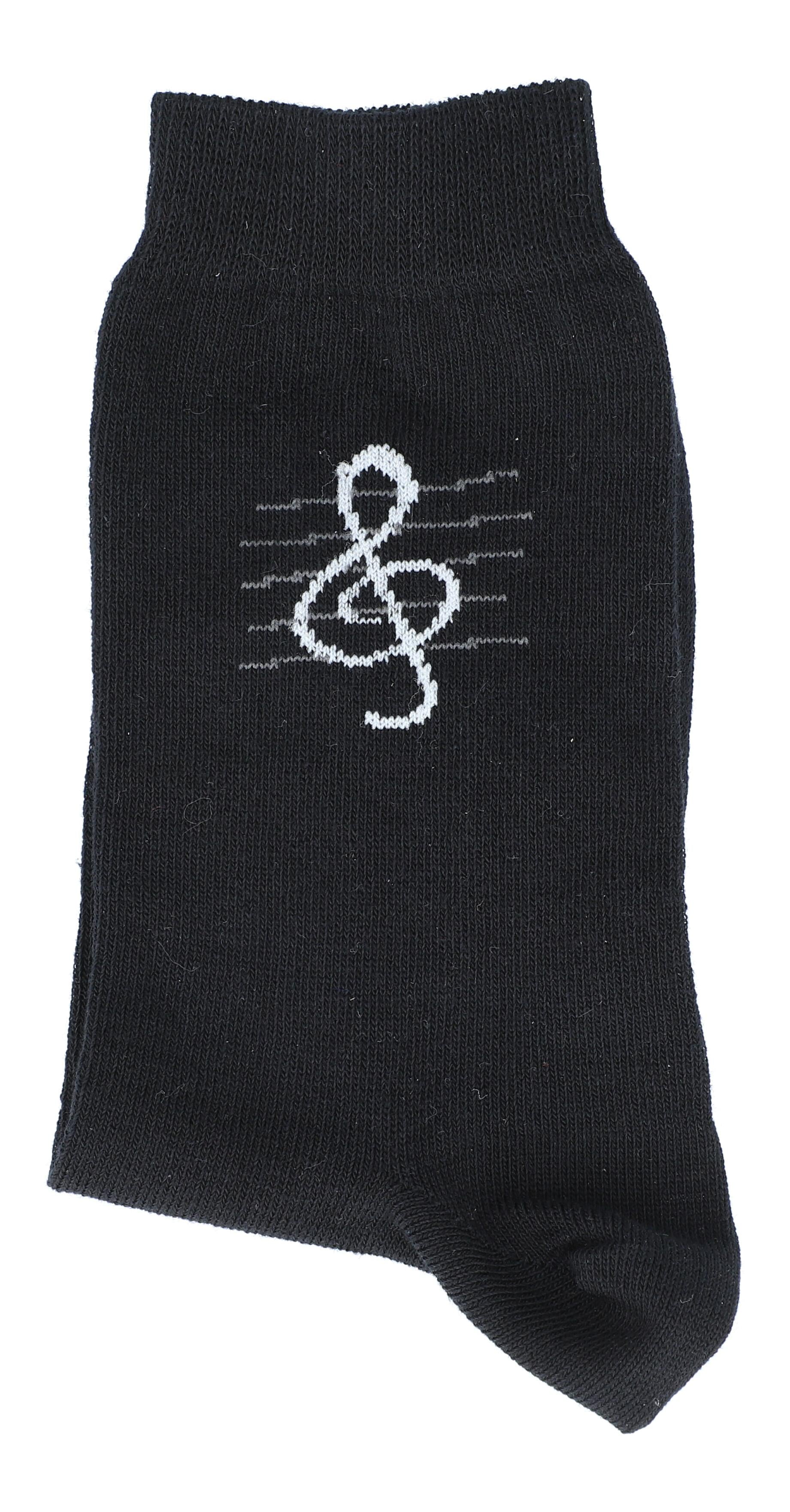 schwarze Socken mit eingewebtem Violinschlüssel, Musik-Socken - Größe: 27/30