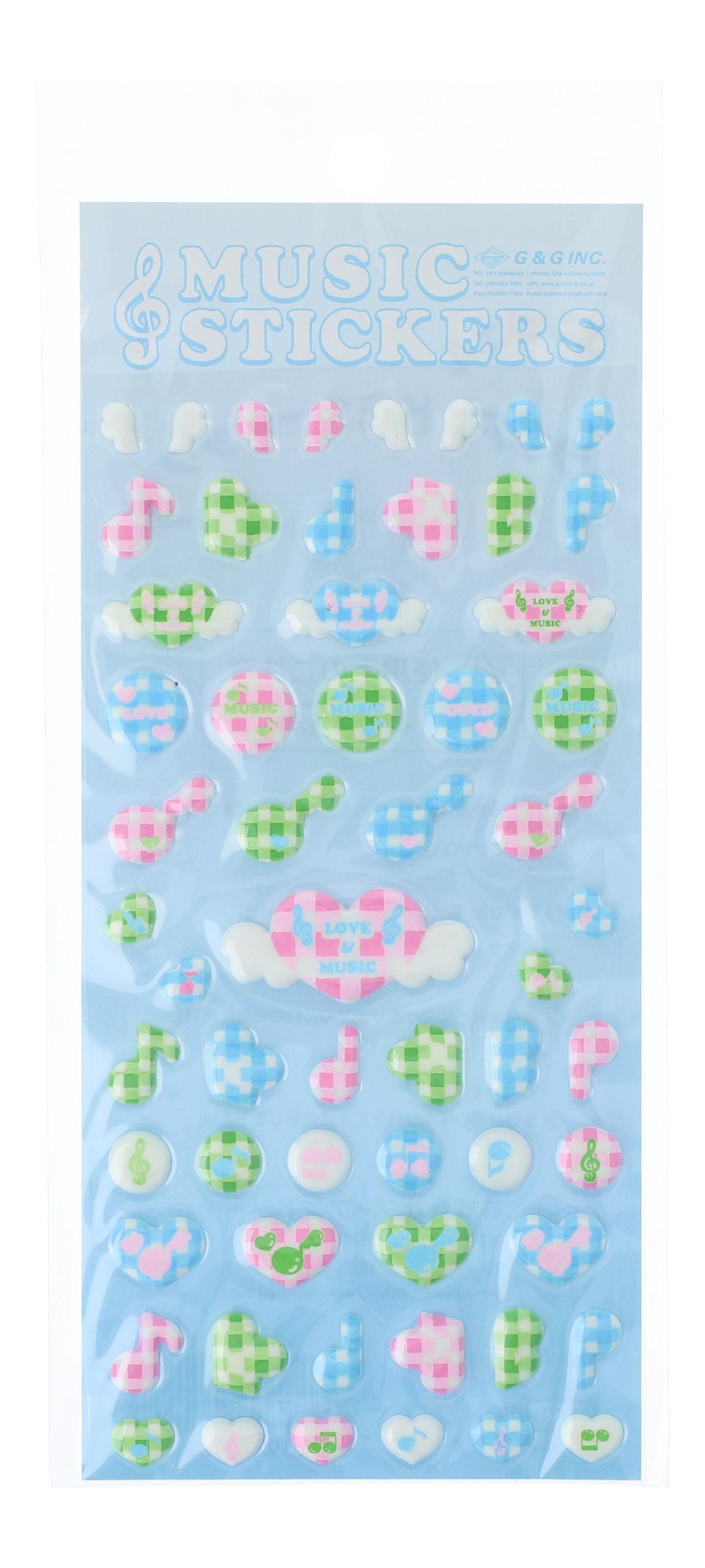 Stickers checkered notes, treble clef and hearts (1 sheet)