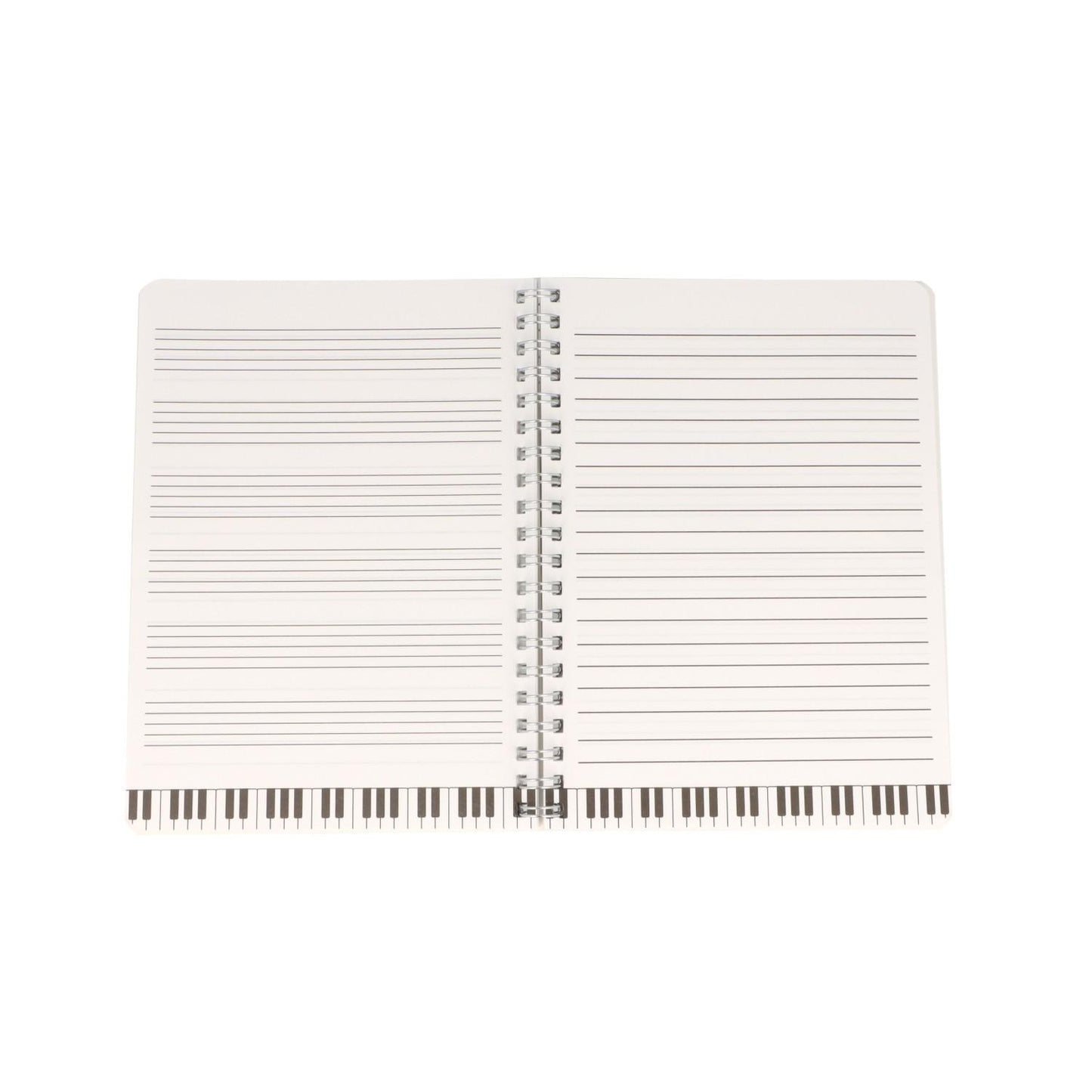 black spiral notebook with white music lines