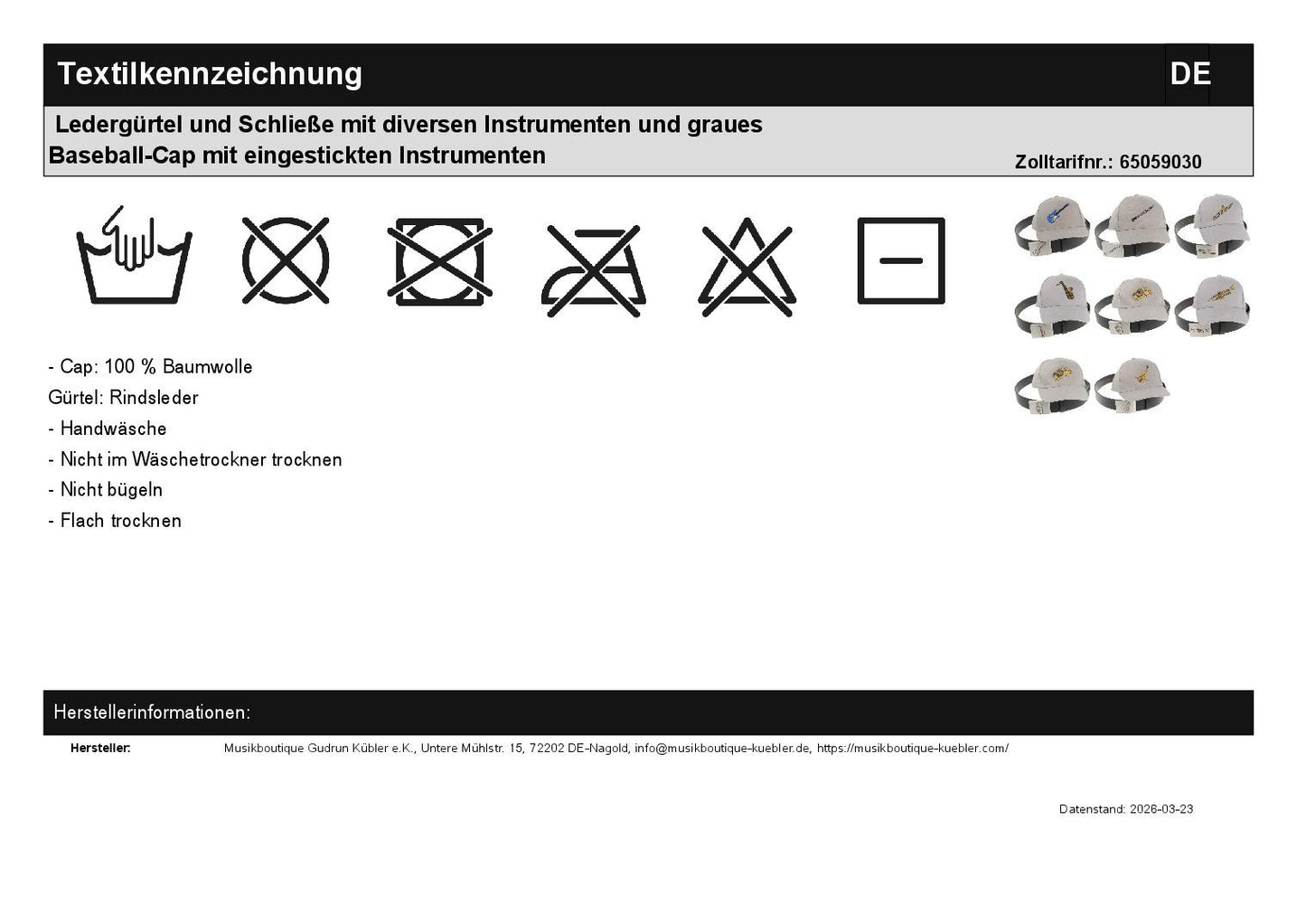 Ledergürtel und Schließe mit diversen Instrumenten und graues Baseball-Cap mit eingestickten Instrumenten