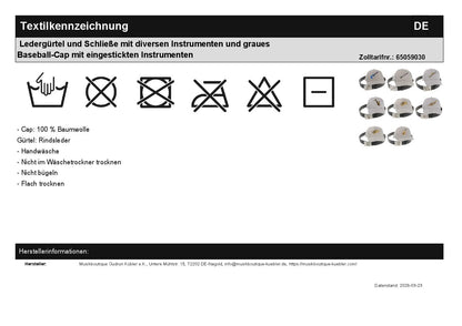 Ledergürtel und Schließe mit diversen Instrumenten und graues Baseball-Cap mit eingestickten Instrumenten
