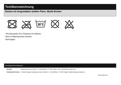 Socken mit eingewebtem weißem Piano, Musik-Socken