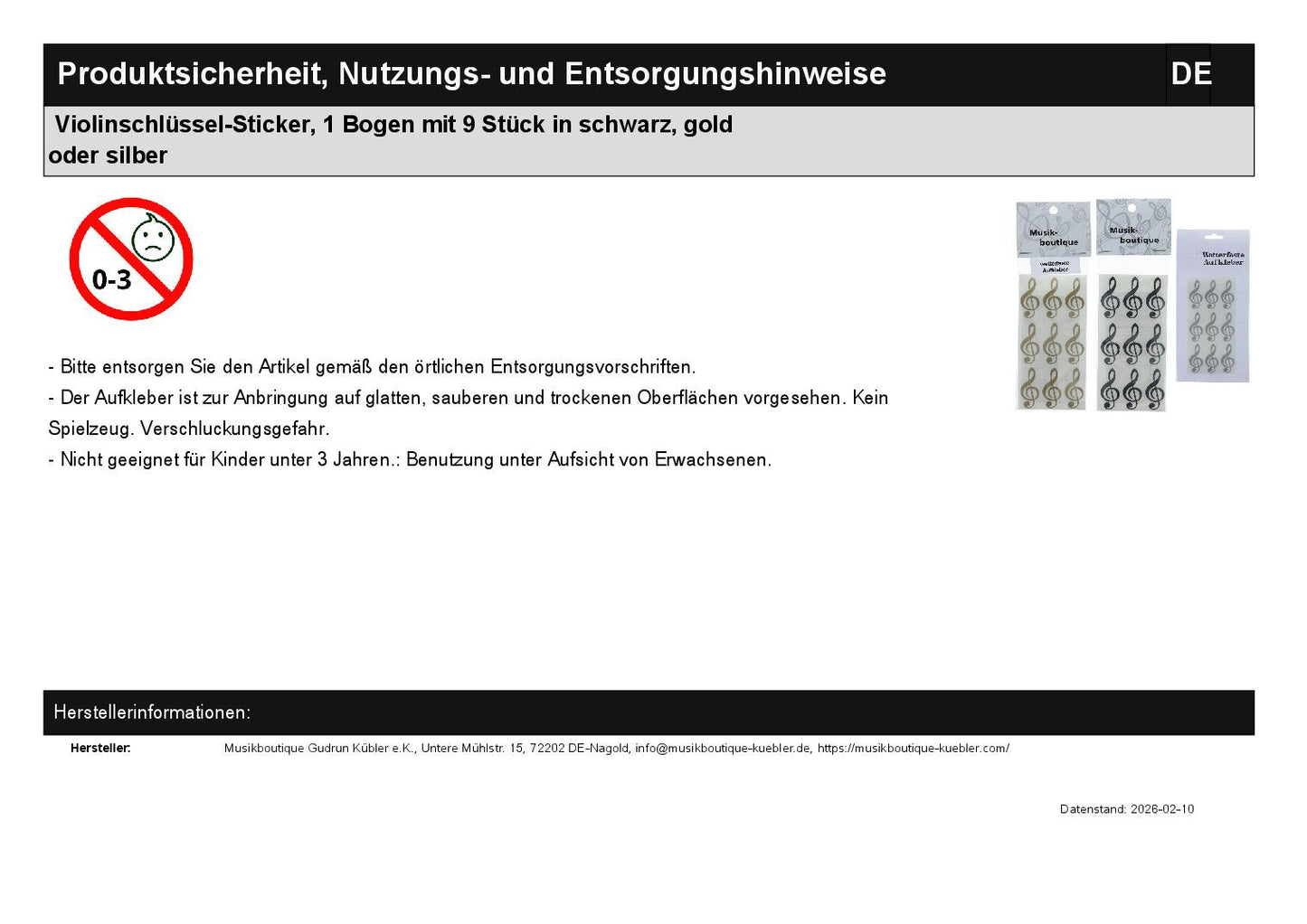 Violinschlüssel-Sticker, 1 Bogen mit 9 Stück in schwarz, gold oder silber