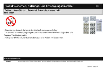 Violinschlüssel-Sticker, 1 Bogen mit 9 Stück in schwarz, gold oder silber