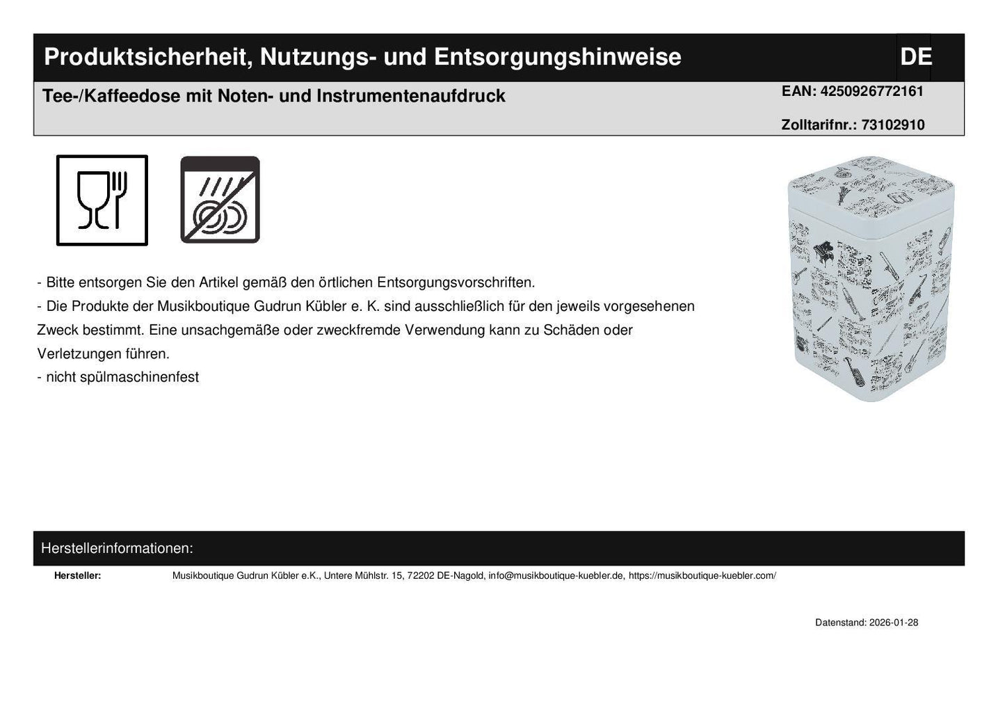 Geschenkset mit Musik-Henkelbecher, Musikertee und Teedose