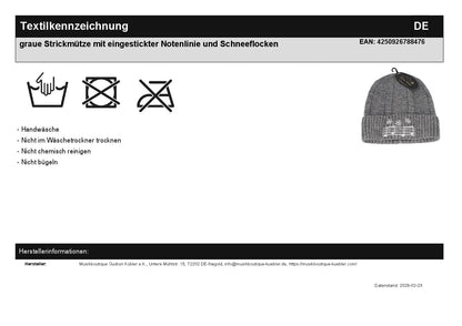 graue Strickmütze mit eingestickter Notenlinie und Schneeflocken