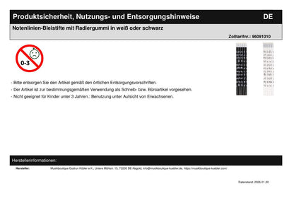 Notenlinien-Bleistifte mit Radiergummi in weiß oder schwarz