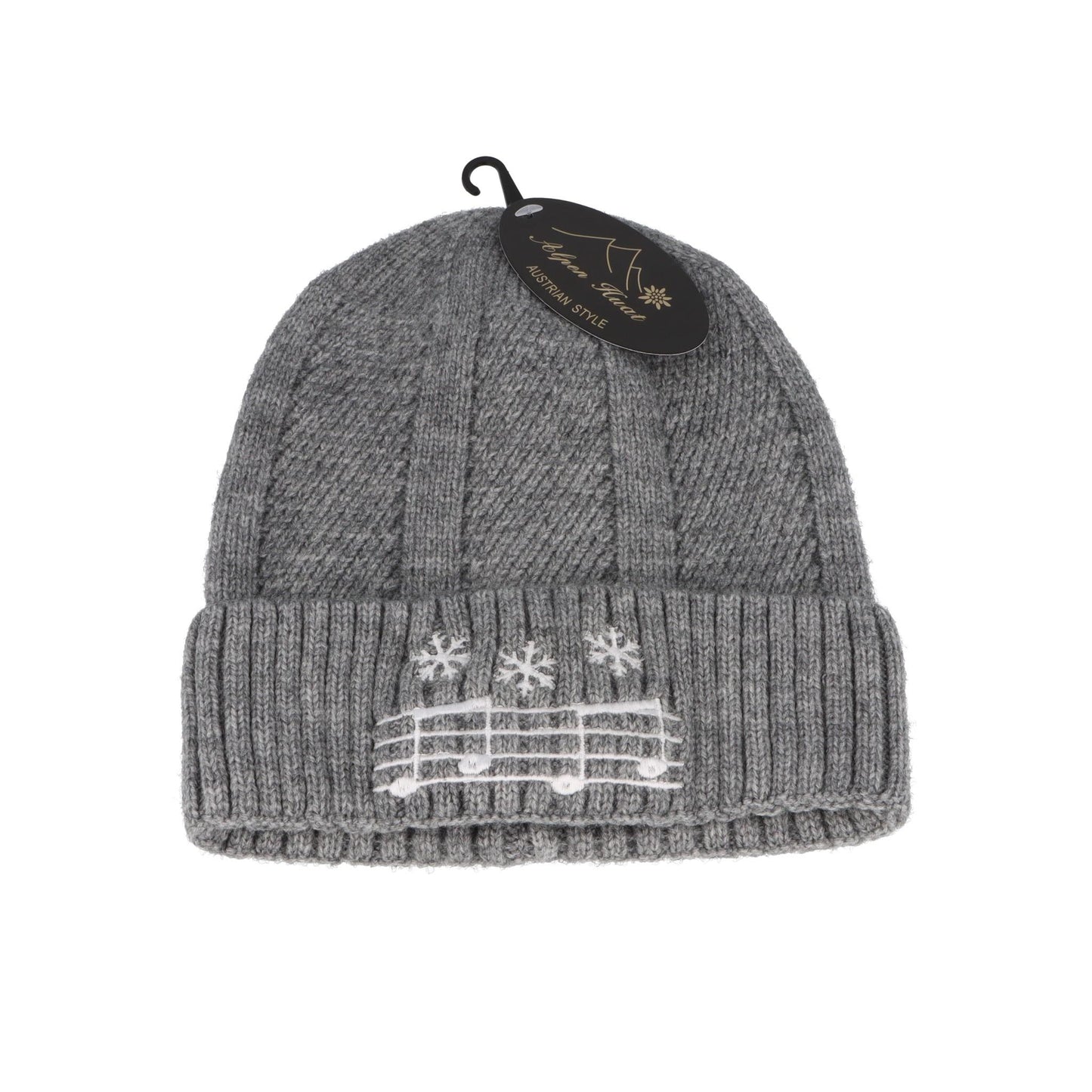 graue Strickmütze mit eingestickter Notenlinie und Schneeflocken