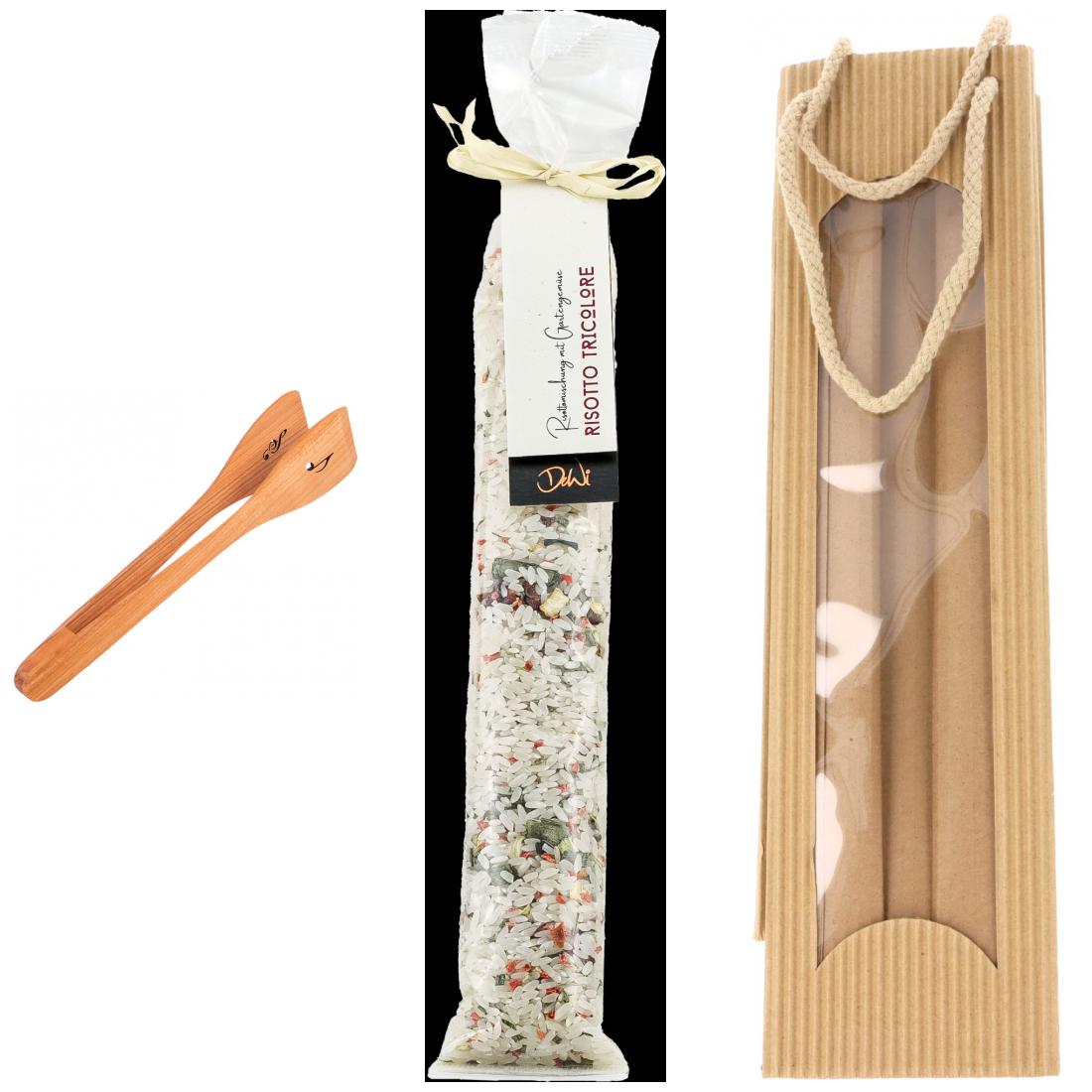 Geschenkset mit Salat-/Grillzange und Risotto Tricolore in Tragetasche