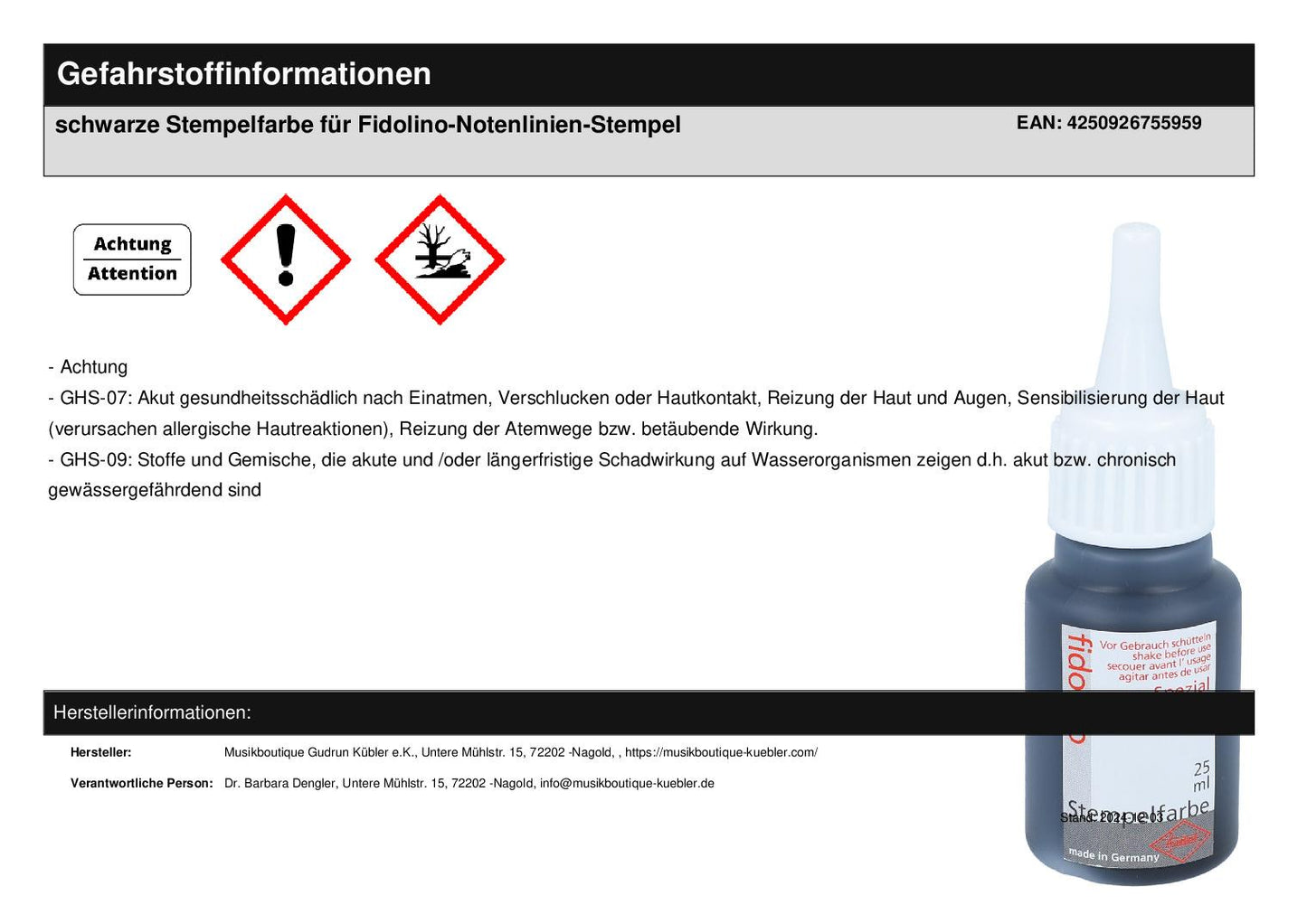 schwarze Stempelfarbe für Fidolino-Notenlinien-Stempel