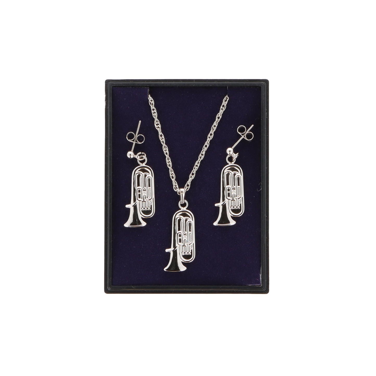 Tuba Ohrhänger und Anhänger mit Kette in Displaybox, versilbert oder vergoldet, Blasmusik