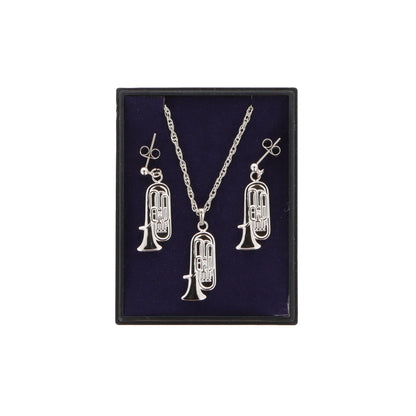 Tuba Ohrhänger und Anhänger mit Kette in Displaybox, versilbert oder vergoldet, Blasmusik
