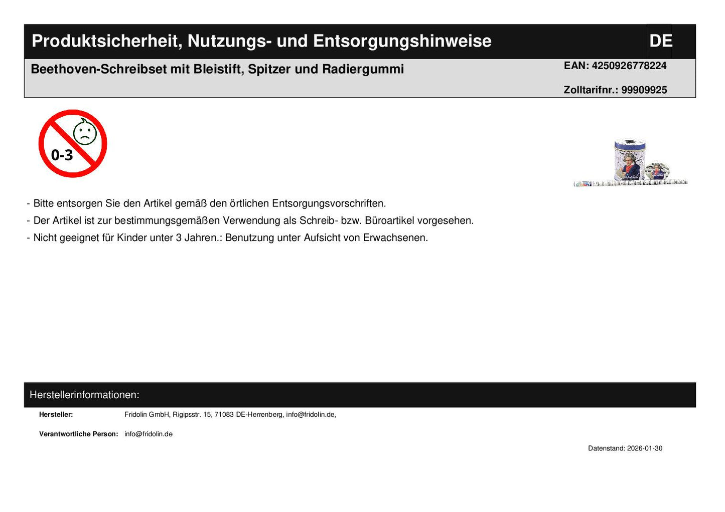 Beethoven writing set with pencil, sharpener and eraser