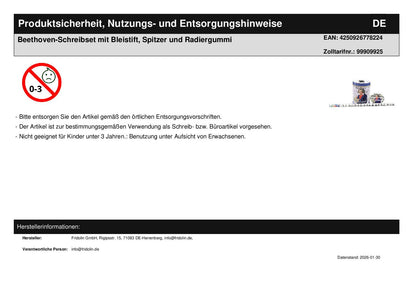 Beethoven writing set with pencil, sharpener and eraser