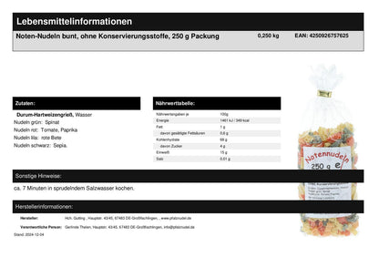 Gift set with music note pasta, treble clef wooden spoon and pasta sauce in carrying bag