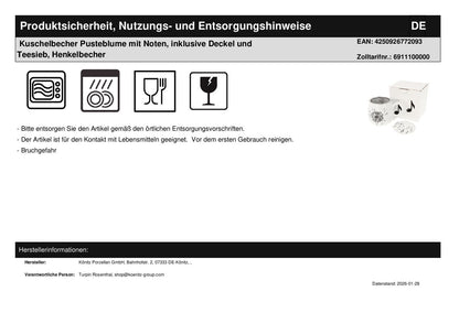 Kuschelbecher Pusteblume mit Noten, inklusive Deckel und Teesieb, Henkelbecher