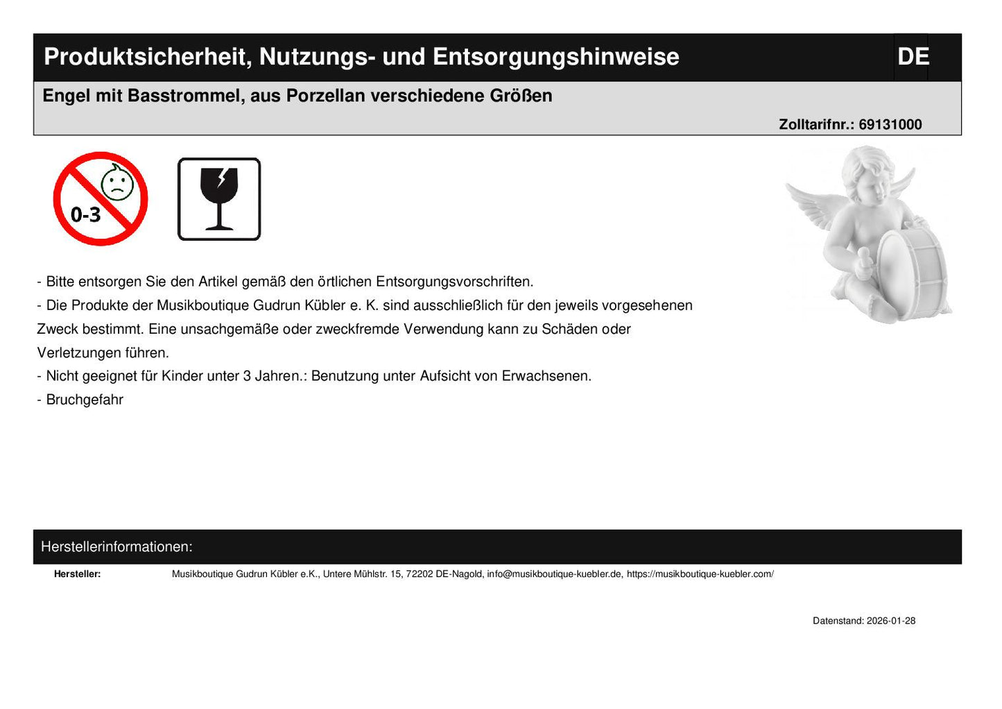 Engel mit Basstrommel, aus Porzellan verschiedene Größen