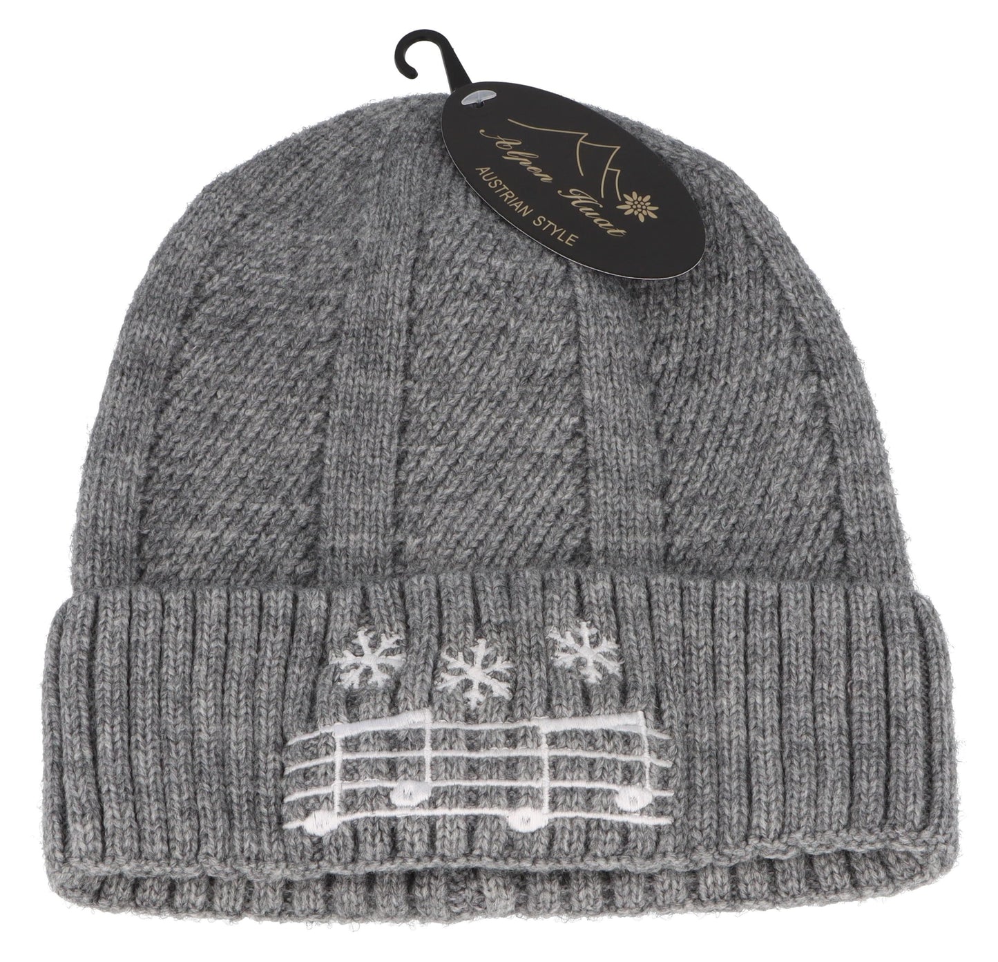 graue Strickmütze mit eingestickter Notenlinie und Schneeflocken