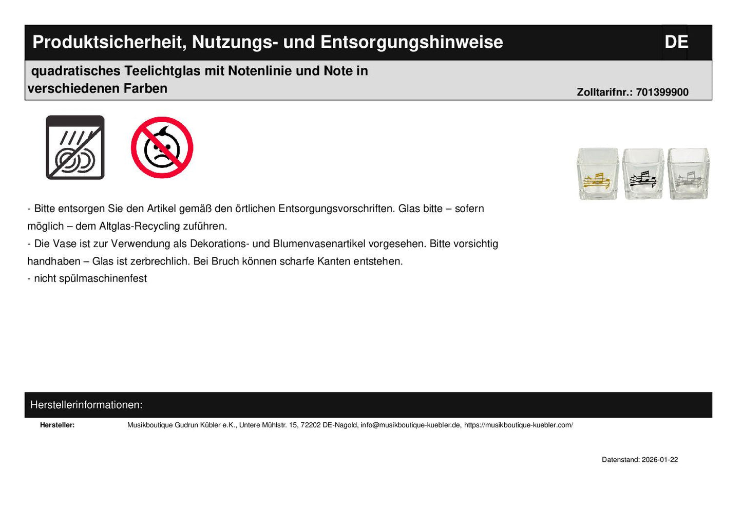 quadratisches Teelichtglas mit Notenlinie und Note in verschiedenen Farben