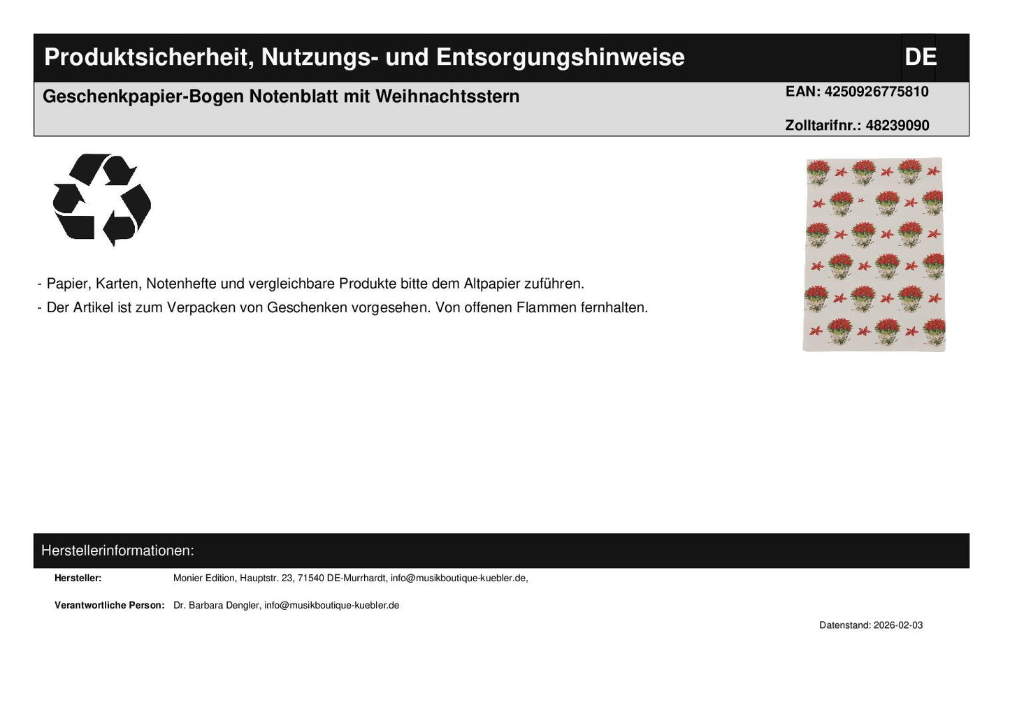 Geschenkpapier-Bogen Notenblatt mit Weihnachtsstern