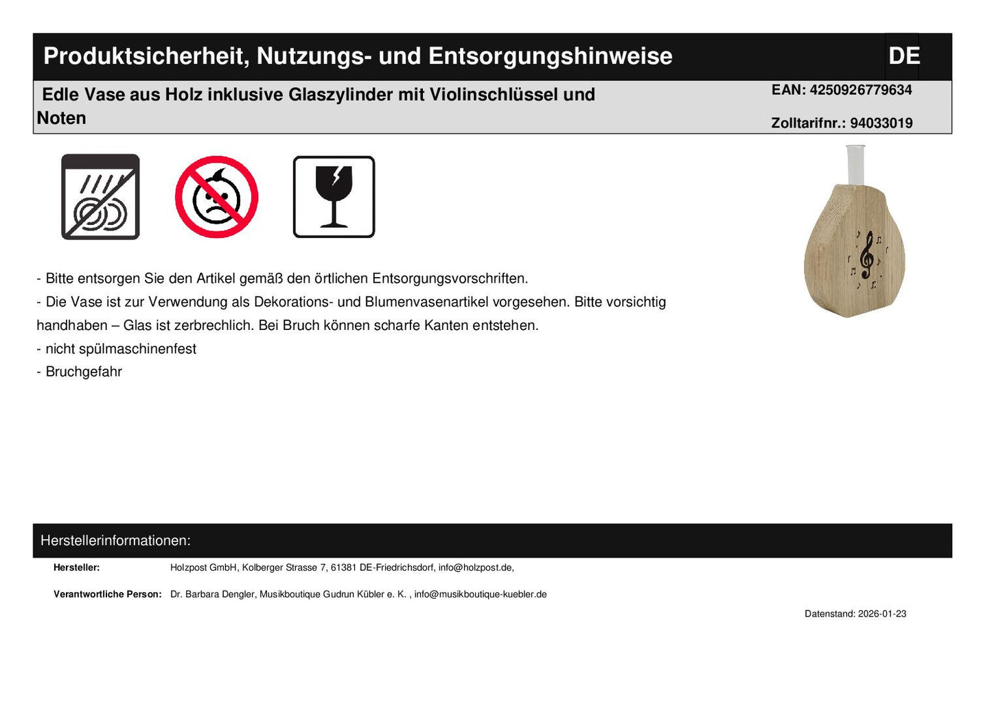 Edle Vase aus Holz inklusive Glaszylinder mit Violinschlüssel und Noten