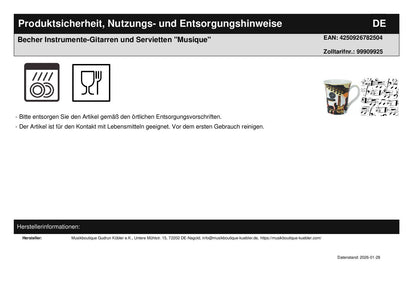 Becher Instrumente-Gitarren und Servietten "Musique"