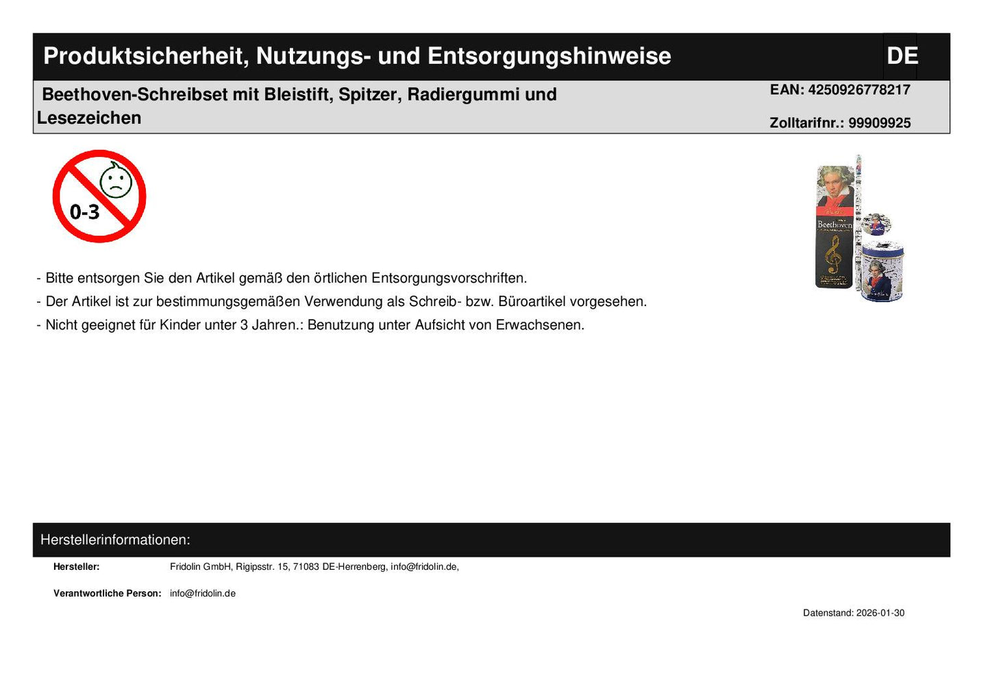 Beethoven-Schreibset mit Bleistift, Spitzer, Radiergummi und Lesezeichen