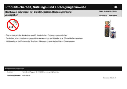 Beethoven-Schreibset mit Bleistift, Spitzer, Radiergummi und Lesezeichen