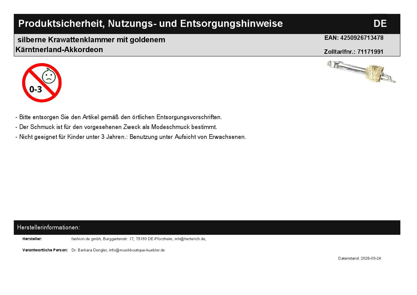 silberne Krawattenklammer mit goldenem Kärntnerland-Akkordeon