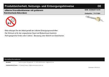 silberne Krawattenklammer mit goldenem Kärntnerland-Akkordeon