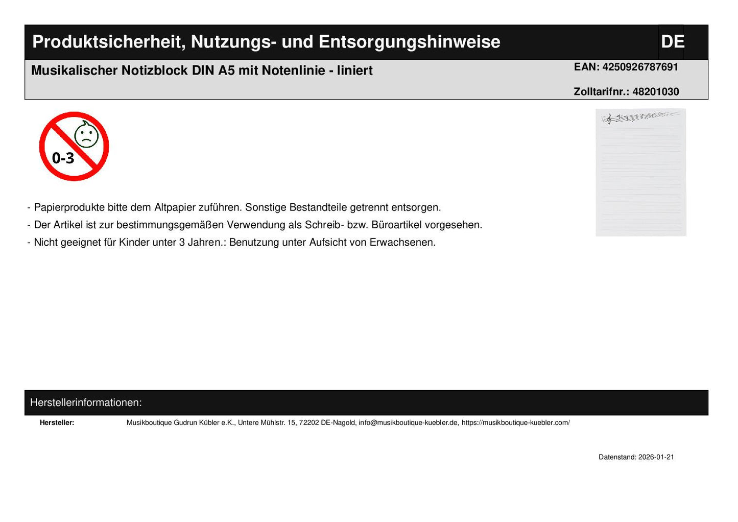 Musikalischer Notizblock DIN A5 mit Notenlinie - liniert