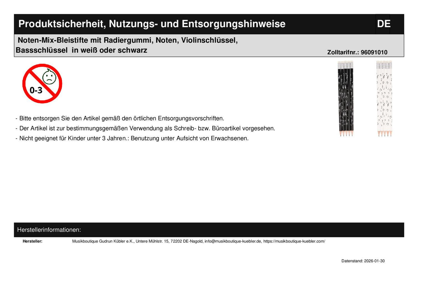 Noten-Mix-Bleistifte mit Radiergummi, Noten, Violinschlüssel, Bassschlüssel  in weiß oder schwarz