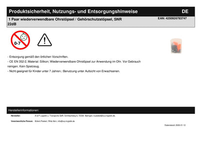 1 Paar wiederverwendbare Ohrstöpsel / Gehörschutzstöpsel, SNR 22dB