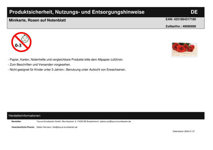 Minikarte, Rosen auf Notenblatt